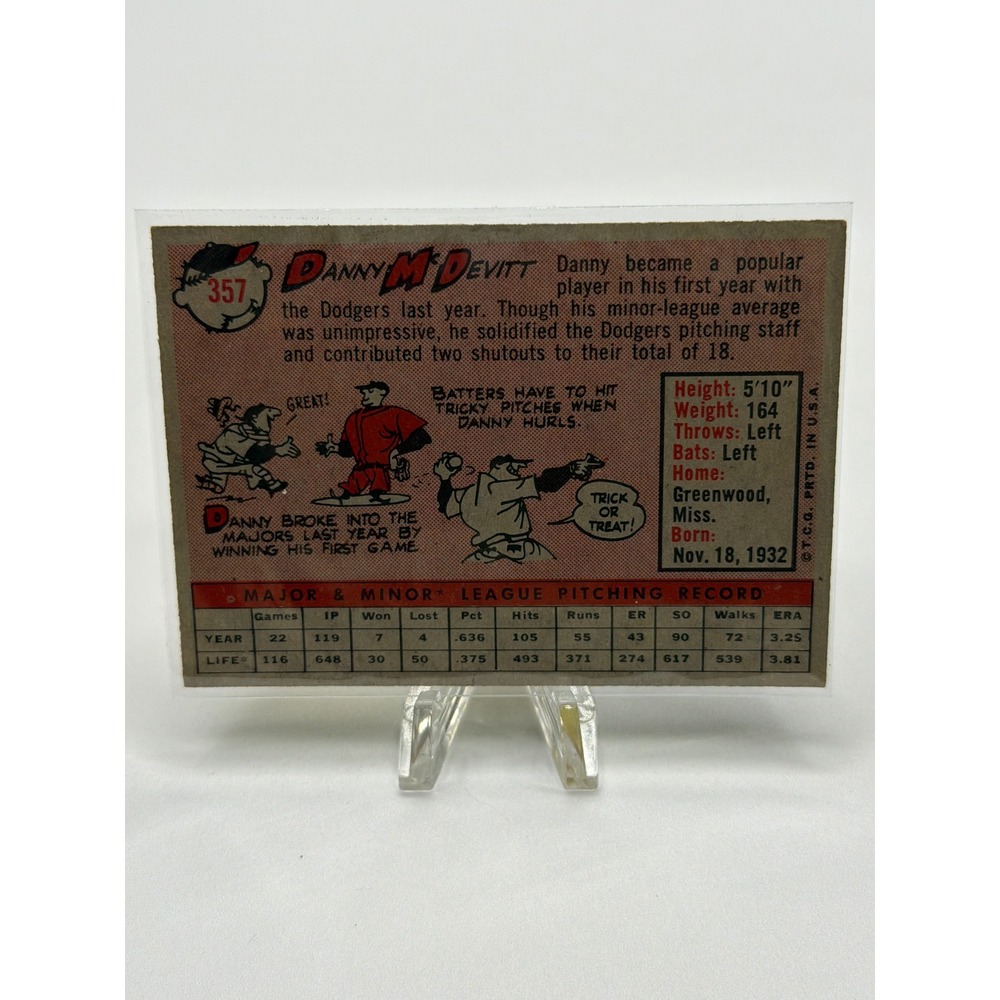 1959 Topps Danny McDevitt 357 Los Angeles Dodgers Baseball Card Pitcher Vintage‎ - Picture 2 of 2